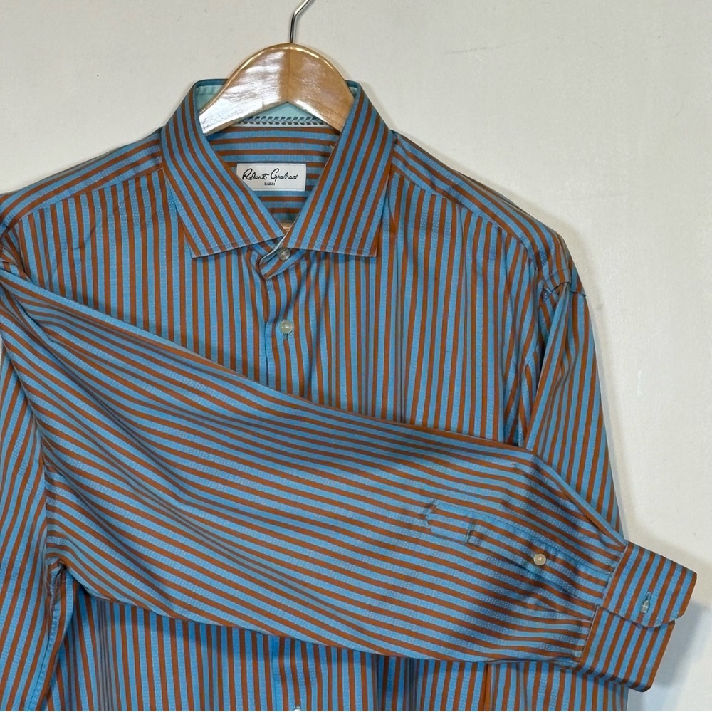 Robert Graham Men's Shirt with Blue and Brown Stripes 2XL Non numbered Shirt